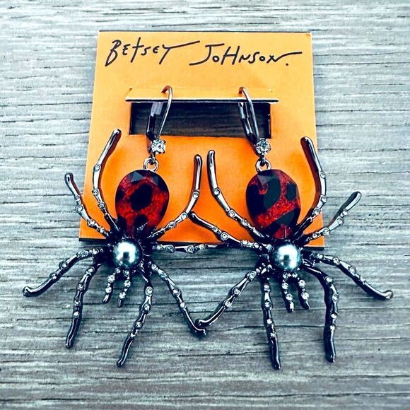 Betsey Johnson Black Red Crystal Spider Halloween Earrings - Picture 1 of 3